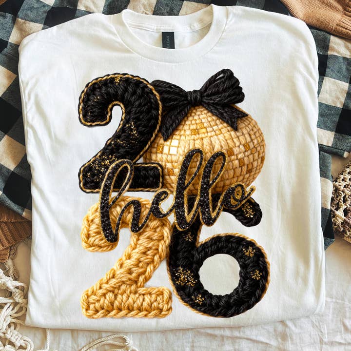 DLT Ecommerce - Wholesale T-Shirt (Graphic) - Women's - Latch Hook Yarn Faux Crochet New year 2026 Shirt, New Year1