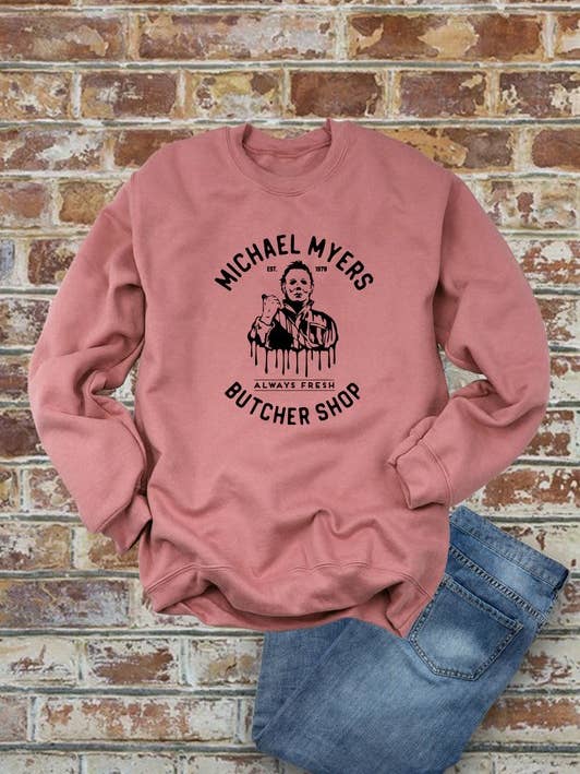 Top Avenue - Wholesale Graphic Sweatshirt - Women's - Michael Myers Butcher Shop, Halloween, Unisex Crewneck Fleece Sweatshirts7