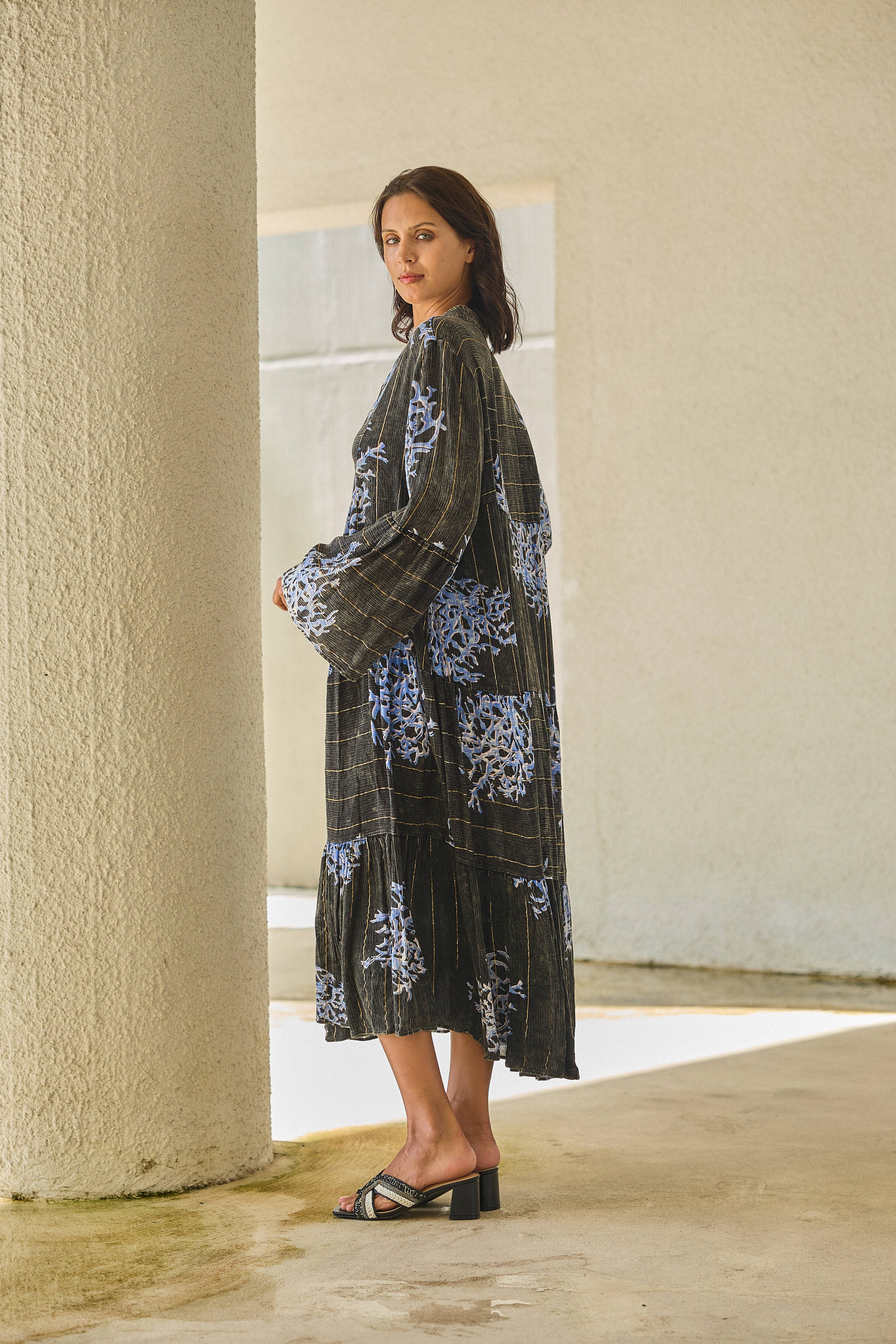 Noir Robe longue  à imprimé corail  , style délavé avec Lurex en vente sur Faire3