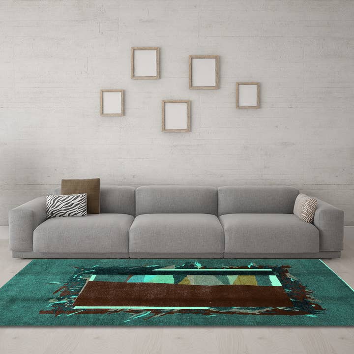 Tapis moderne de couleur turquoise abstraite lavable en machine pour la vente par Ahgly