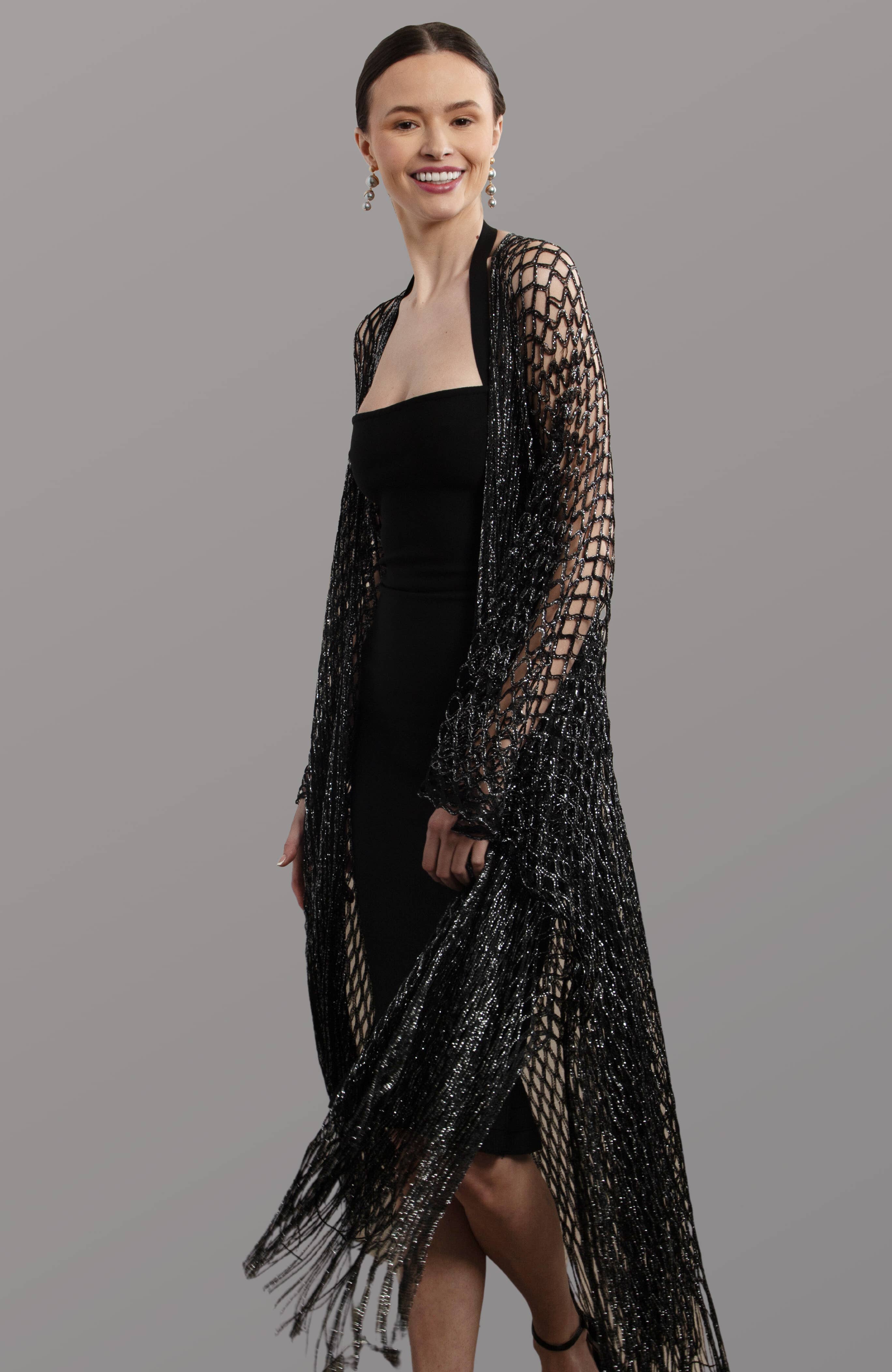 SAACHI - Wholesale Kimono - Women's - Metallic Crochet Fringed Kimono2