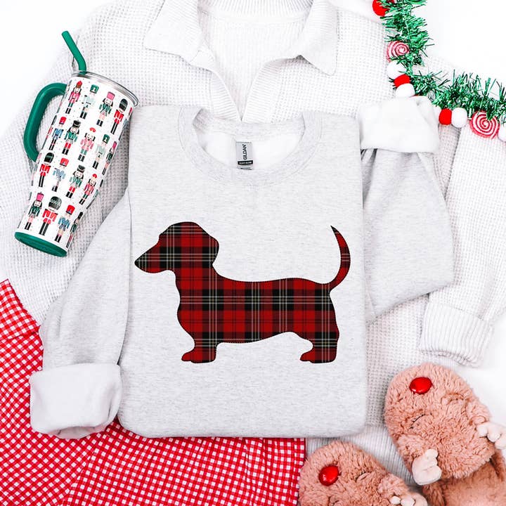 Christmas Plaid Dachshund Sweatshirt for wholesale by Trendy Tee Co.