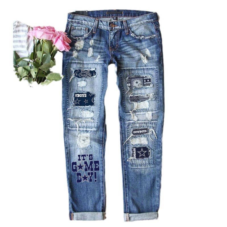 Blå Game Day Distressed Straight Leg Ripped Denim Jeans for engroshandel på Faire2