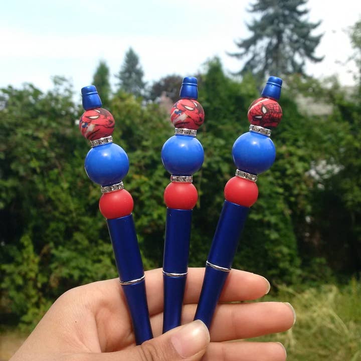 "Spiderman" Red and Blue Beaded Pen for wholesale by Amy Designs