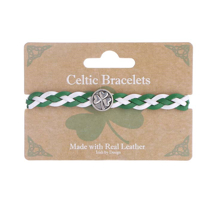 Pulsera de cuero trenzado IRB-014E 4 con trébol para venta al por mayor de Celtic Ore Crafts