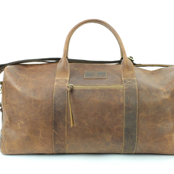 Tan Leather Duffle Bag with Crossbody Strap AB 1789 for wholesale by Leather Impressions Inc