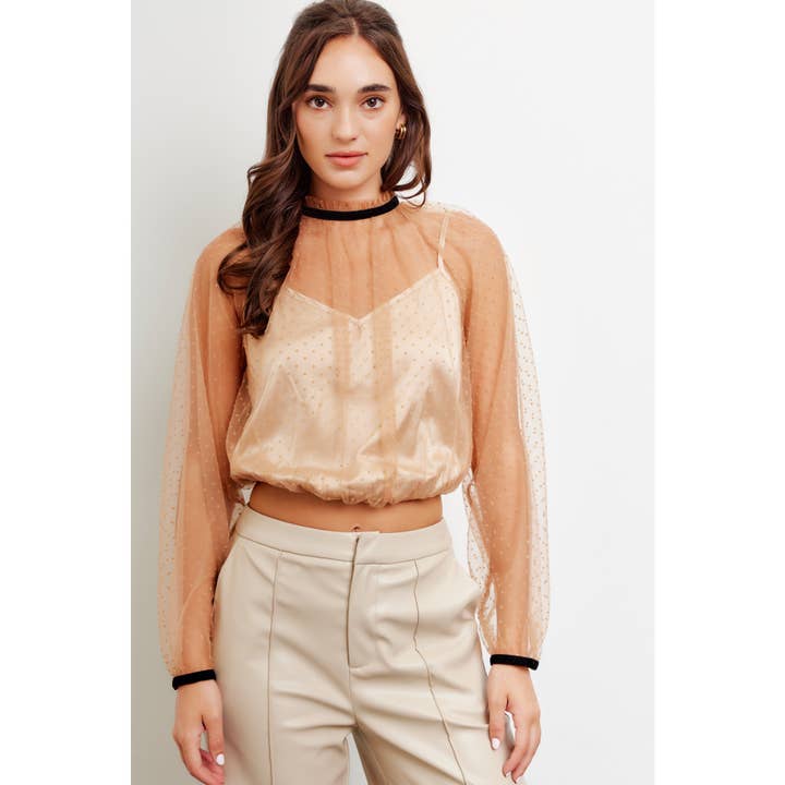 idem ditto - Wholesale Blouse - Women's - SHEER POLKA DOT MESH TOP BURNOUT HIGH NECK11
