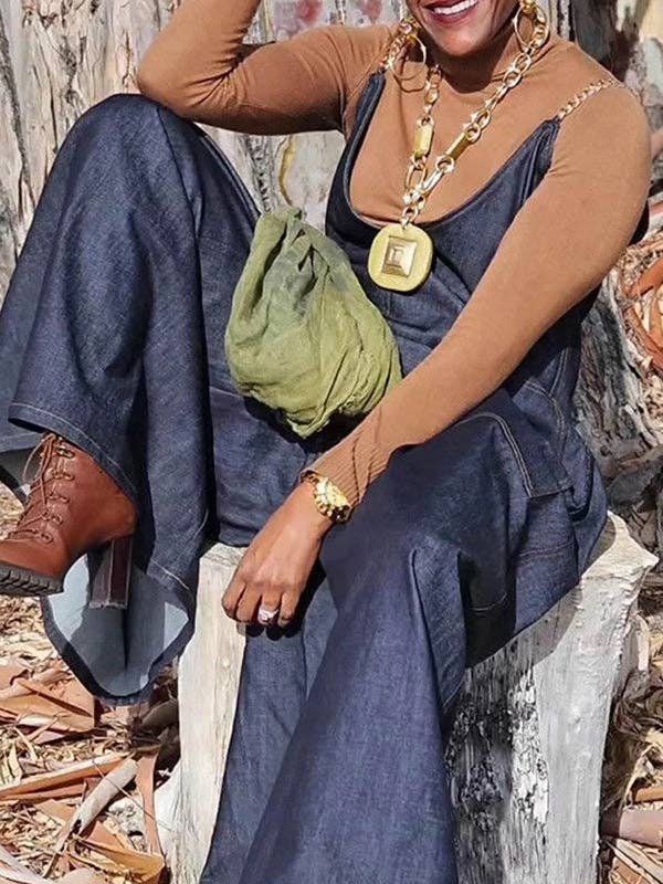 DYB BLÅ Løse Ærmeløse Overalls med Spaghettistropper og Lommesplit for engroshandel på Faire2