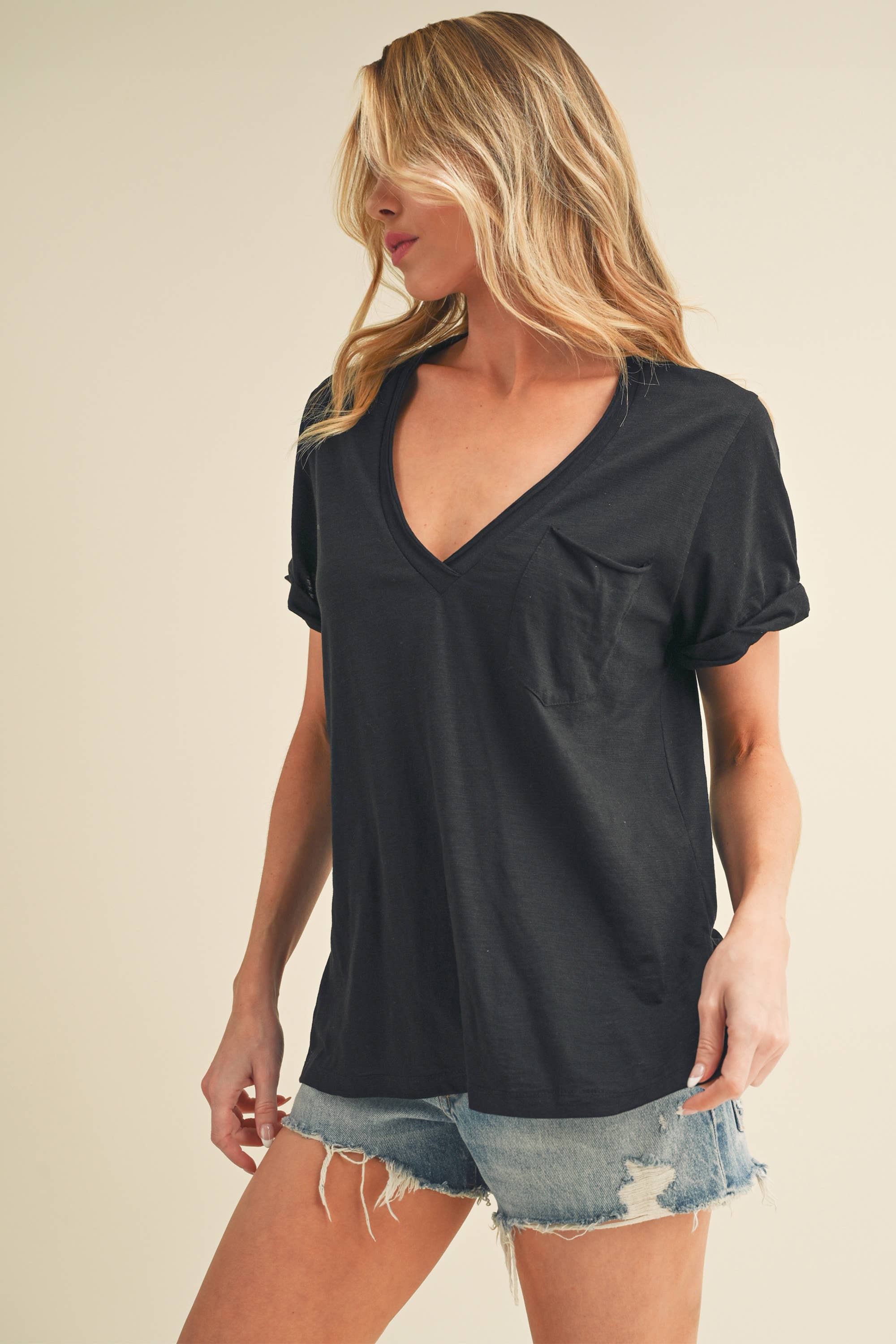 AEMI + CO - Wholesale T-Shirt - Women's - 8286DK Zoie V-Neck Short Sleeve Top2