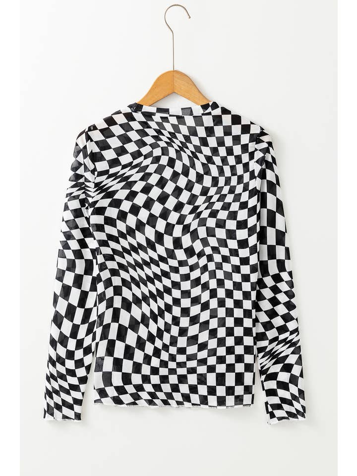 PartyEight - Wholesale Blouse - Women's - Checkered Pattern Mesh Mock Neck Long Sleeve Top11