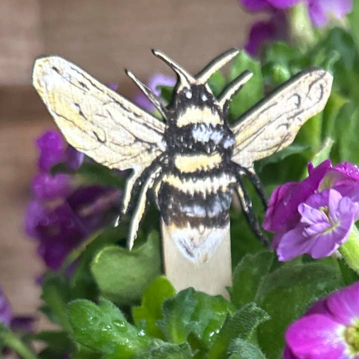 Pair of birch plywood Bee pot decorations/marker for wholesale by Clare O’Neill Artworks
