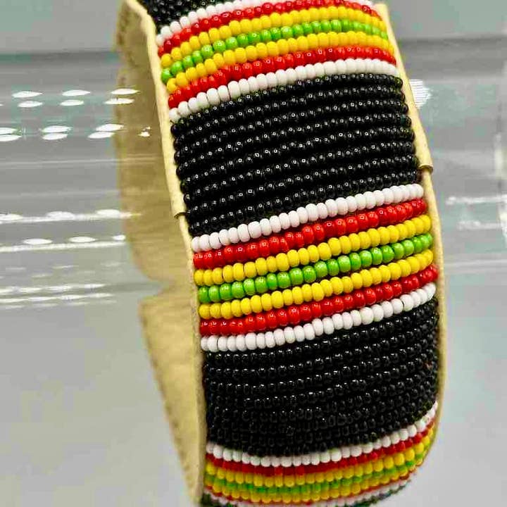 The Niger Bend - Wholesale Beaded Bracelet - Rasta Stripes Design Wide Beaded Leather Bracelet - Mali