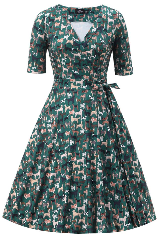 Dolly & Dotty - Venta al por mayor Vestido - Mujer - Vestido cruzado verde de punto vintage con estampado de perros Matilda