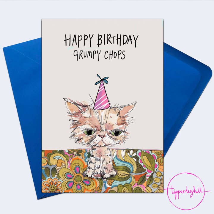 SW12 Sketchy cat ’Happy Birthday Grumpy chops’ for wholesale by Tipperleyhill