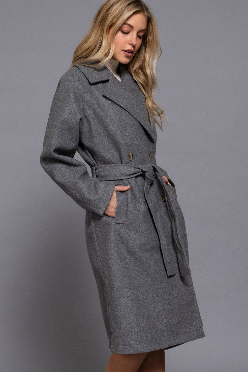 Active Basic | Active USA - Wholesale Trench Coat - Women's - Long Sleeve Double Breasted Button Soft Felt Trench Coat17
