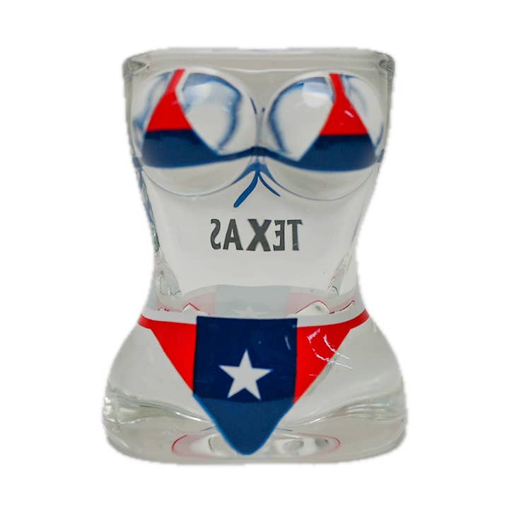 Texas Flag Bikini Torso Shot Glass for wholesale by Scruffy's Ventures Inc.