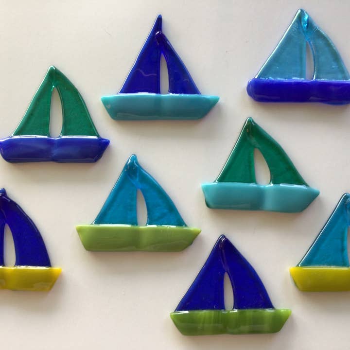 Shades of blues teals greens and yellows Sailboat ornament for wholesale on Faire6
