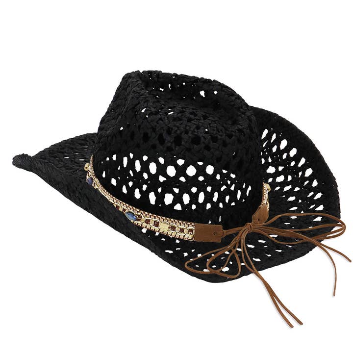 Cap Zone – wholesale Cowboy Hat – Women’s – Gemstone Band Coastal Crochet Fishnet Cowboy Hat2