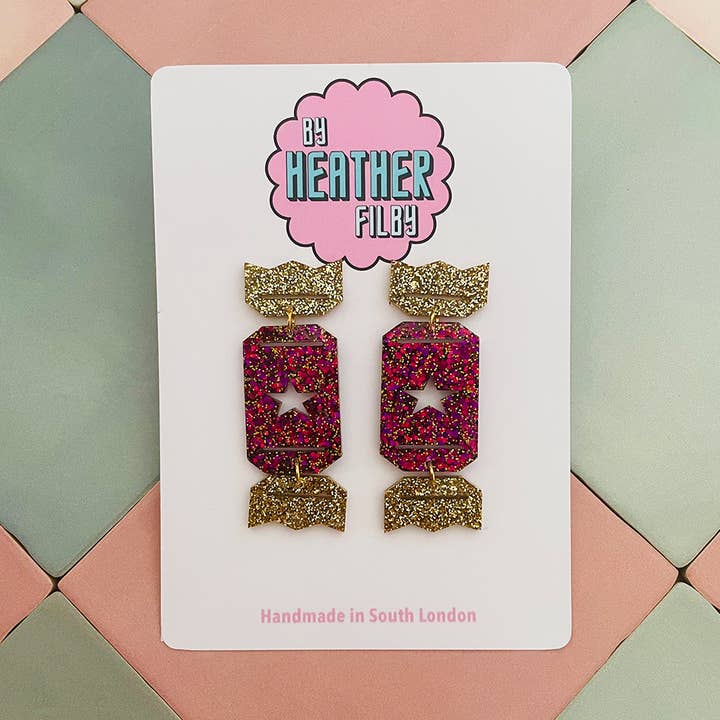 Orecchini Christmas Cracker Glitzy Glitzy Glitzer (ALTRI COLORI) per la vendita all'ingrosso da parte di By Heather Filby