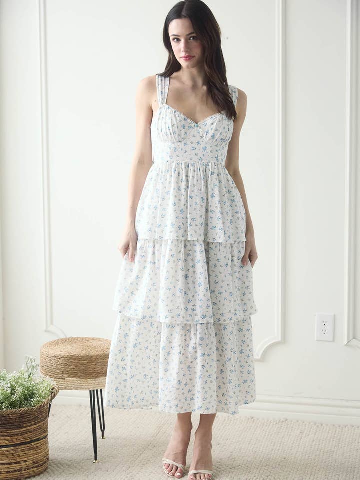 Blu Pepper - Wholesale Dress - Women's - FLORAL SLEEVELESS CORSET RUFFLE TIERED MIDI DRESS