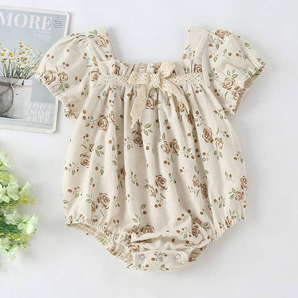 Baby Girl Floral Print Pattern Puff Sleeved Design bodysuit With Bow Decoration In Summer for wholesale by MyKids-USA®