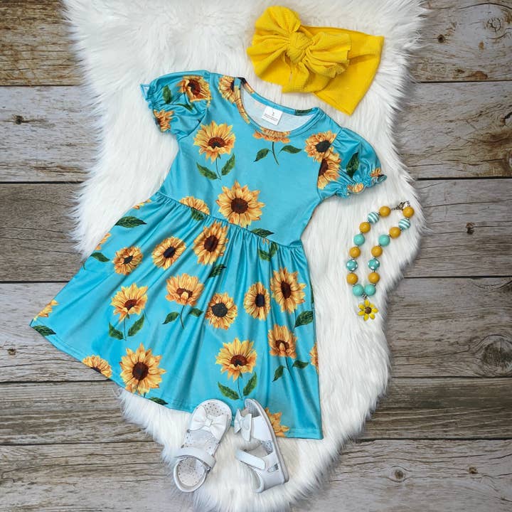 Aqua Blue Sunflower Print Mid-Twirl Dress for wholesale by Custom Designs by Baby V