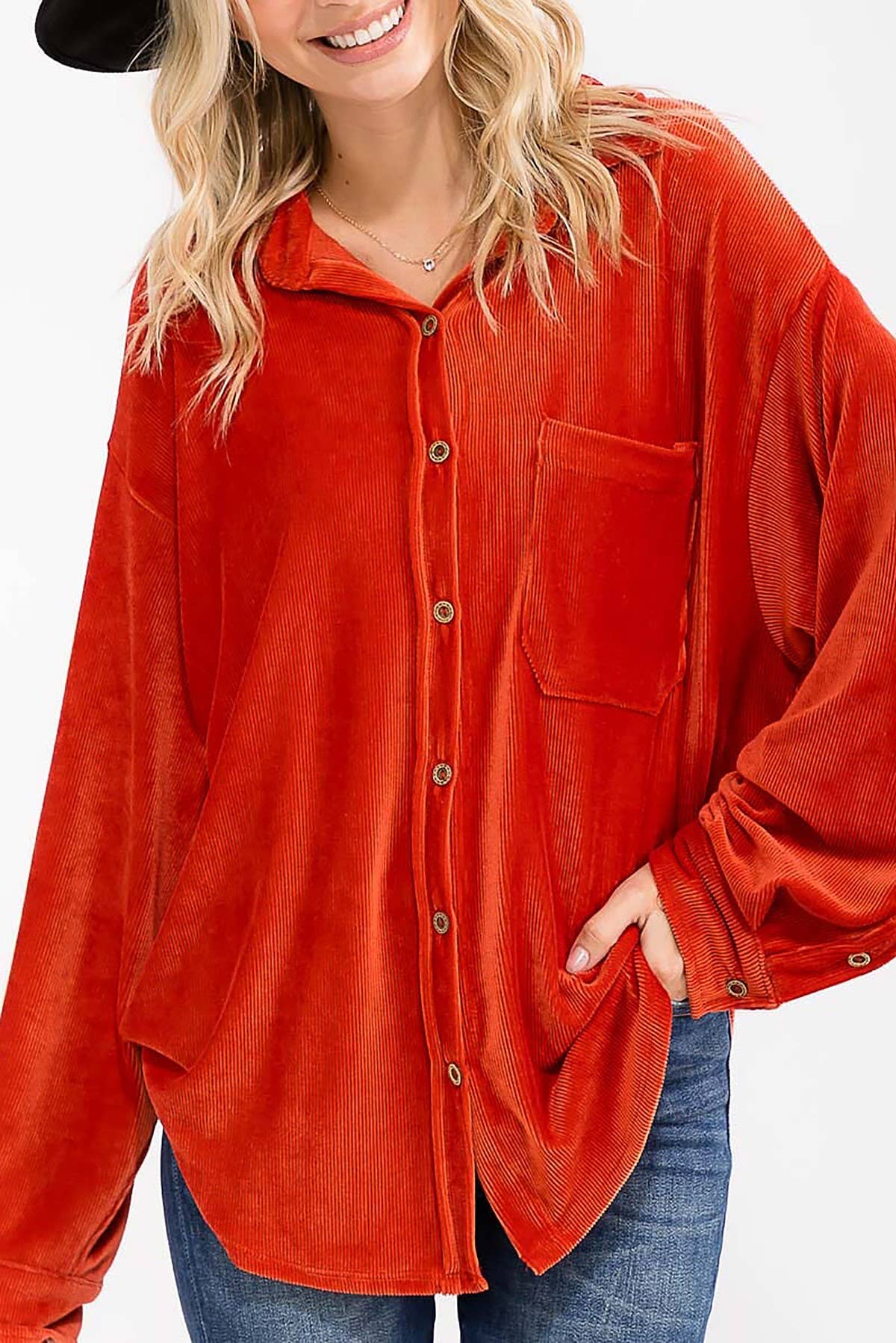 ROUSSEAU - Wholesale Button Down Shirt - Women's - OVERSIZED CORDUROY BUTTON DOWN POCKET FRONT TOP3