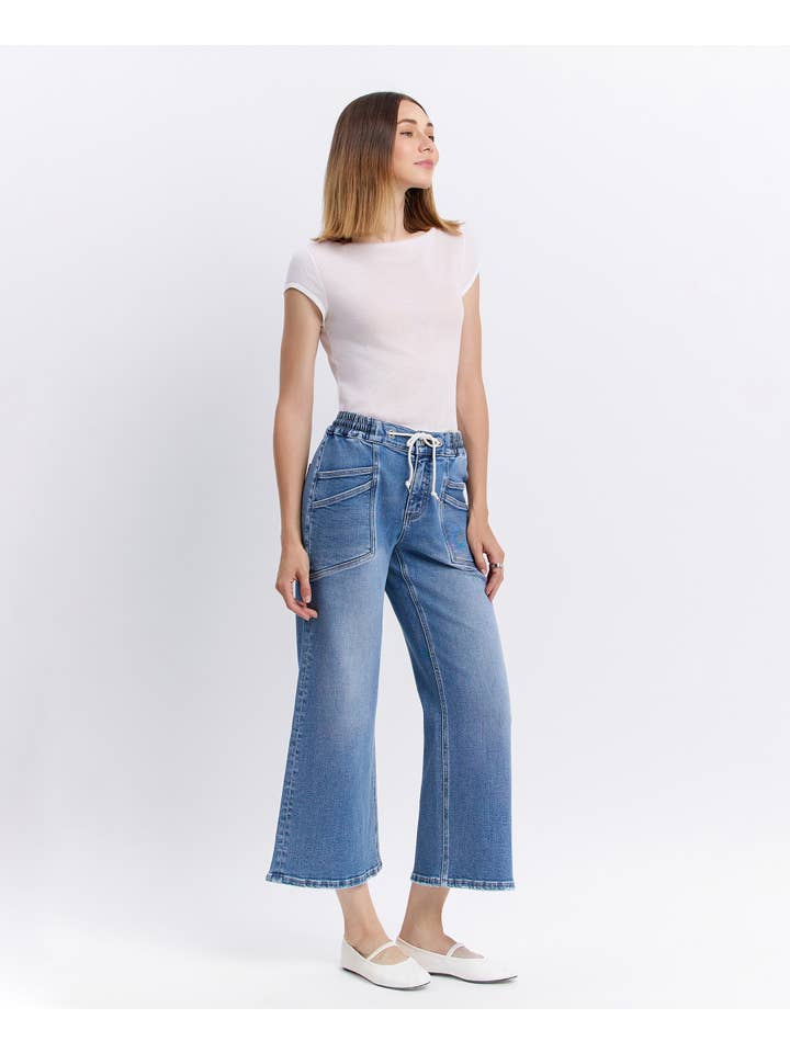 REASSURE HIGH RISE DRAWSTRING WAISTBAND WIDE LEG JEANS V3650 for wholesale on Faire6