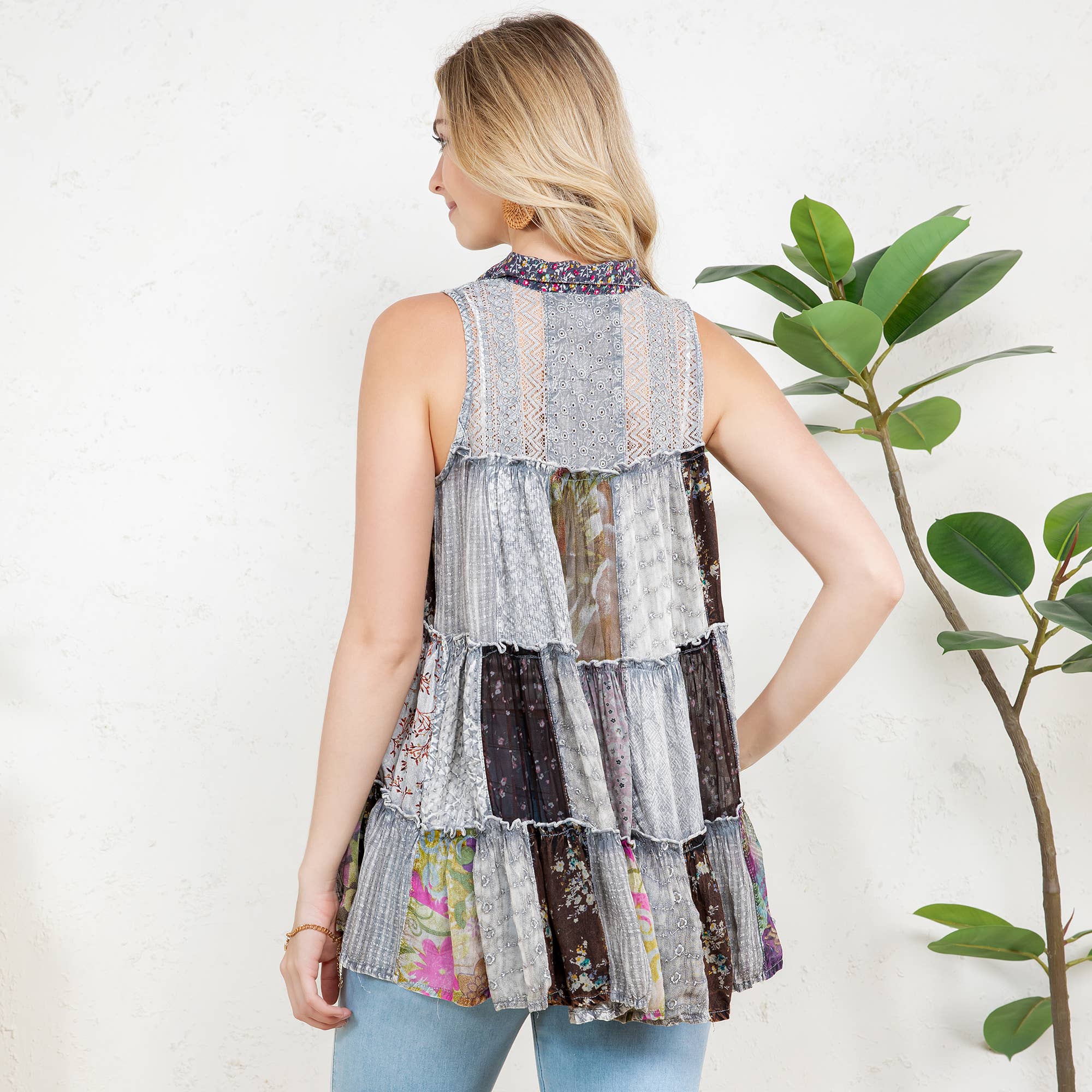 Young Threads - Wholesale Button Down Shirt - Women's - Boho Chic Nomad Patchwork Buttondown Top Sleevel (New Color)9