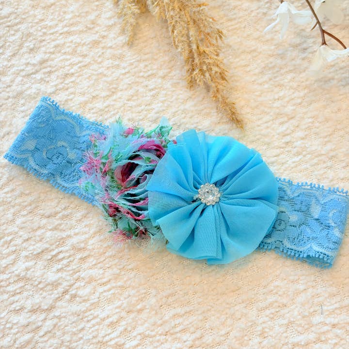 Fascia per capelli in chiffon azzurro, fascia per capelli in pizzo shabby chic per la vendita all'ingrosso da parte di Jazy and Eve