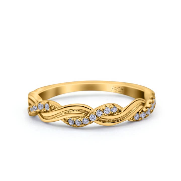 Half Eternity Rope Ring Wedding Band Round Pave Yellow Tone, Simulated CZ (4mm) for wholesale by Blue Apple Imports