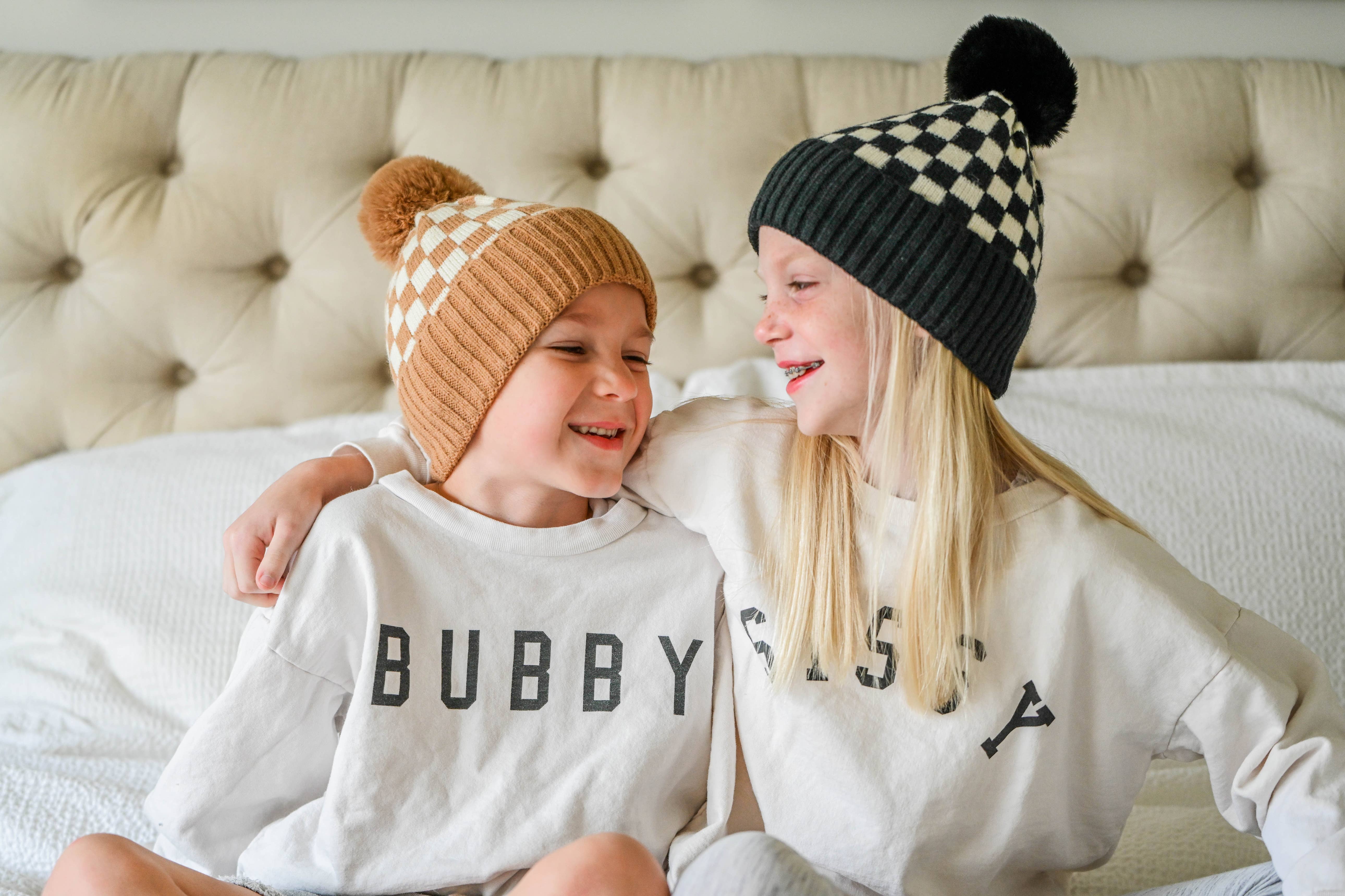 Bubu - Vente Bonnet – enfant - BONNET À MOTIF À CARREAUX - CAMEL1