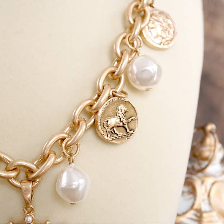 PennyLine inc - Wholesale Pendant/Charm Necklace - Boho Coin and Pearl Charms Statement Necklace – Gold and Silver Tone