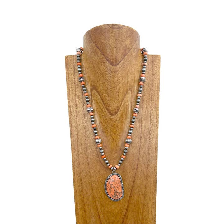 NKZ240706-06 24 pouces avec perle Navajo argentée et perles en pierre turquoise orange avec grand pendentif ovale en pierre turquoise orange pour la vente par Western Elite Jewelry