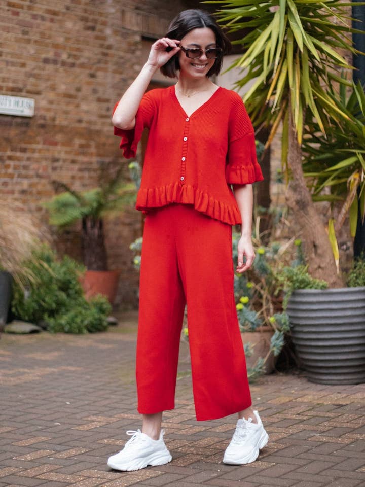 Marlow Ruffle Co-Ord Cardigan - Red for wholesale by Cara & The Sky
