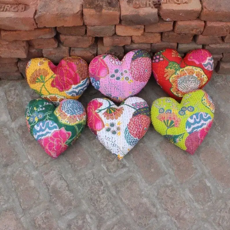Bhawana Handicrafts - Wholesale Throw/Decorative Pillow - 5 Piece Lot, Handmade Heart Throw Pillow Kantha Pillow With 2