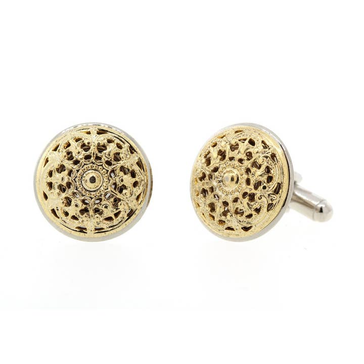 1928 Jewelry Vintage Style Two Tone Round Filigree Cufflinks for wholesale by 1928 Jewelry