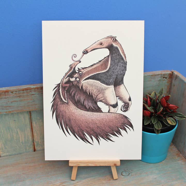 Giant Anteater & Baby Illustration A4 Print for wholesale by Lyndsey Green Illustration