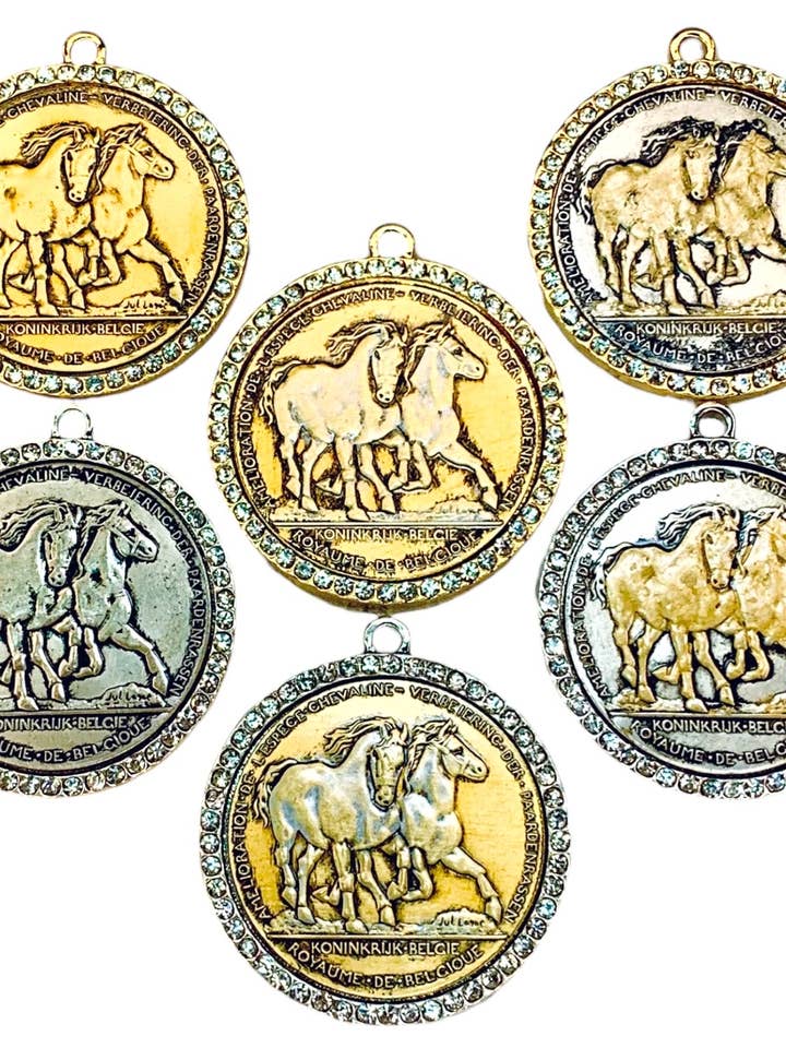 Rhinestone Double Horse Coin Pendant, Reproduction Coin for wholesale by The Charming Bar & Vintage Coin