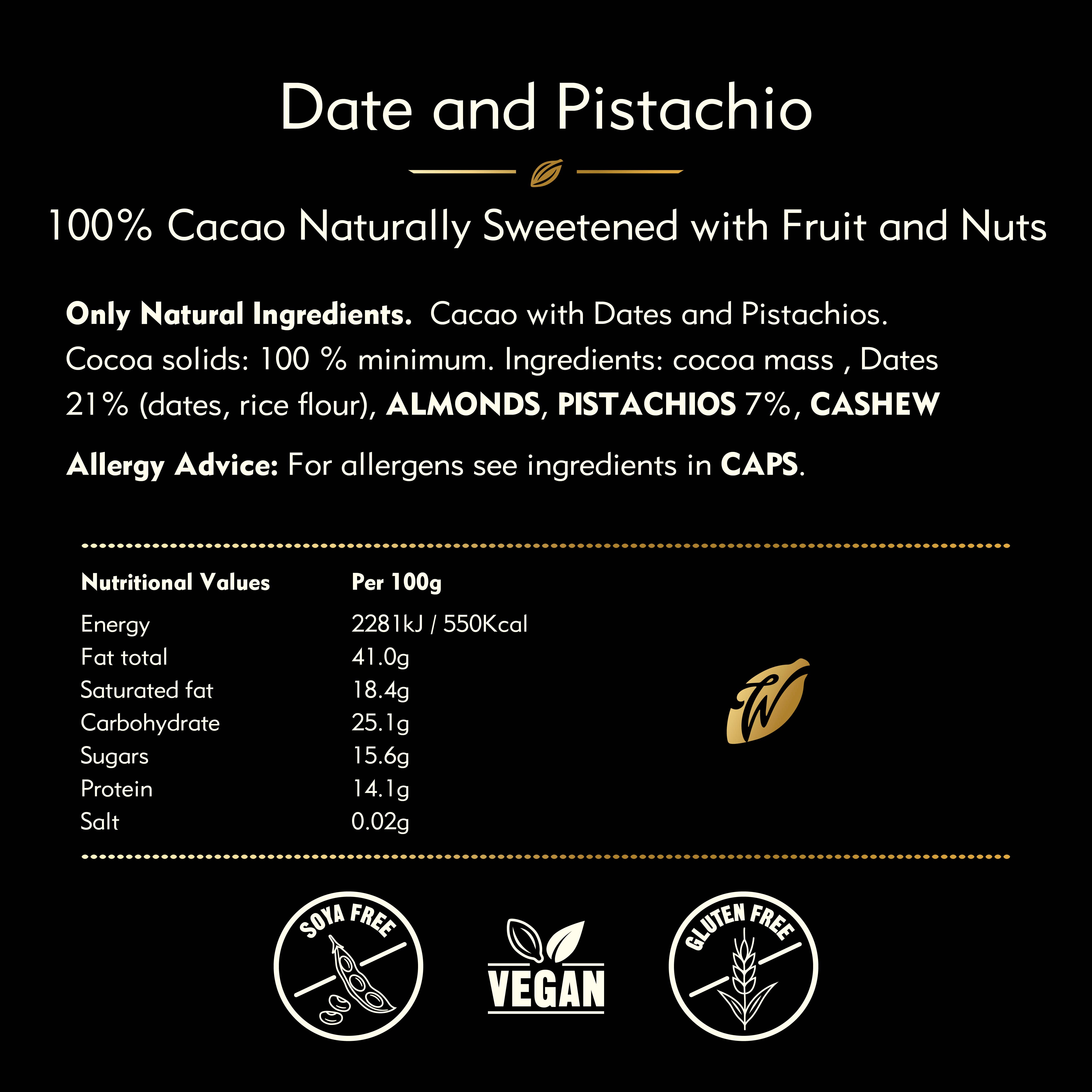 Willie's Cacao - Wholesale Chocolate Bar - Pistachio & Date. 100% cacao. No added sugar. Vegan. 50g bar4