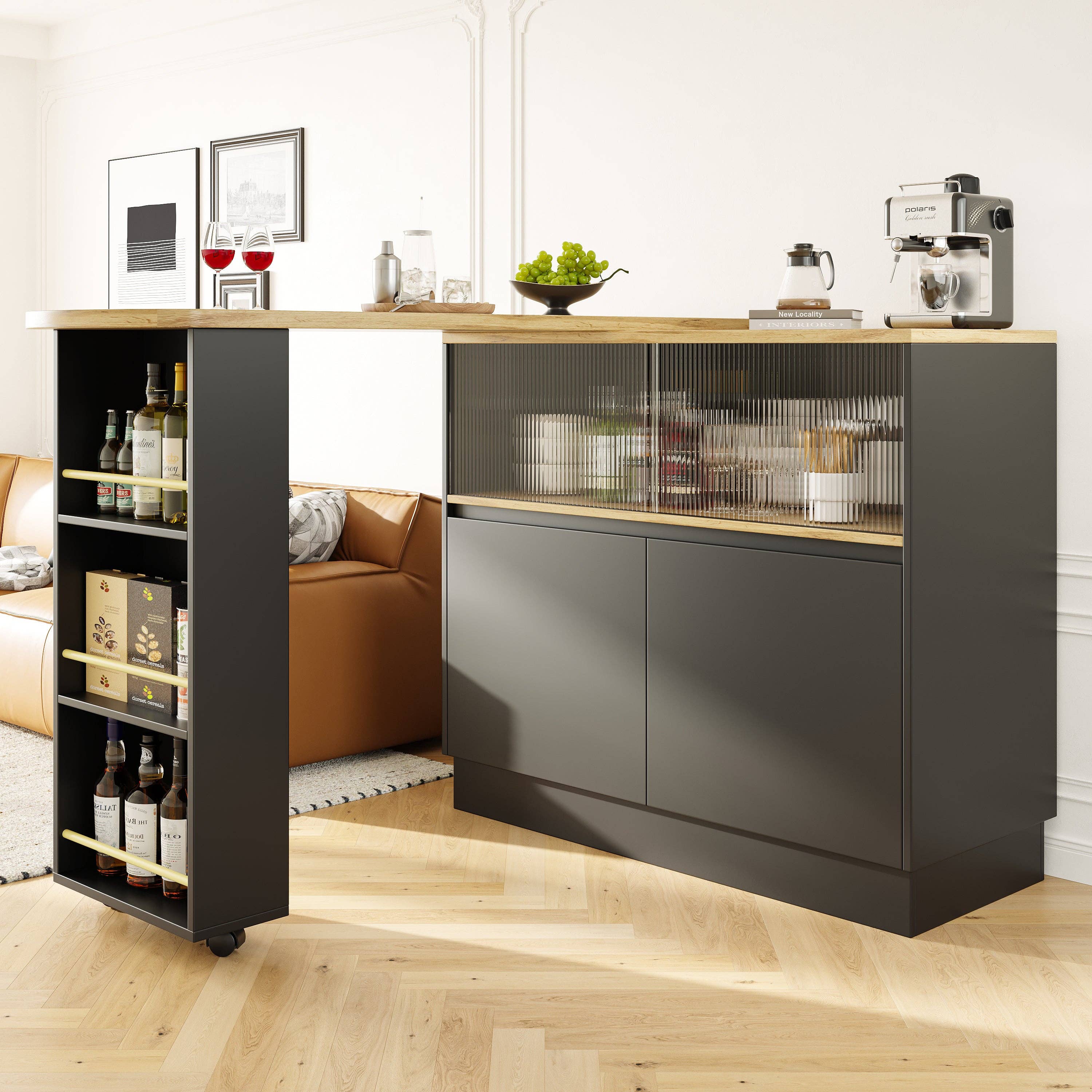 Urban Meuble - Wholesale Sideboard - Wood-effect and black bar table with 360° swivel storage and corrugated glass TINPLATE2