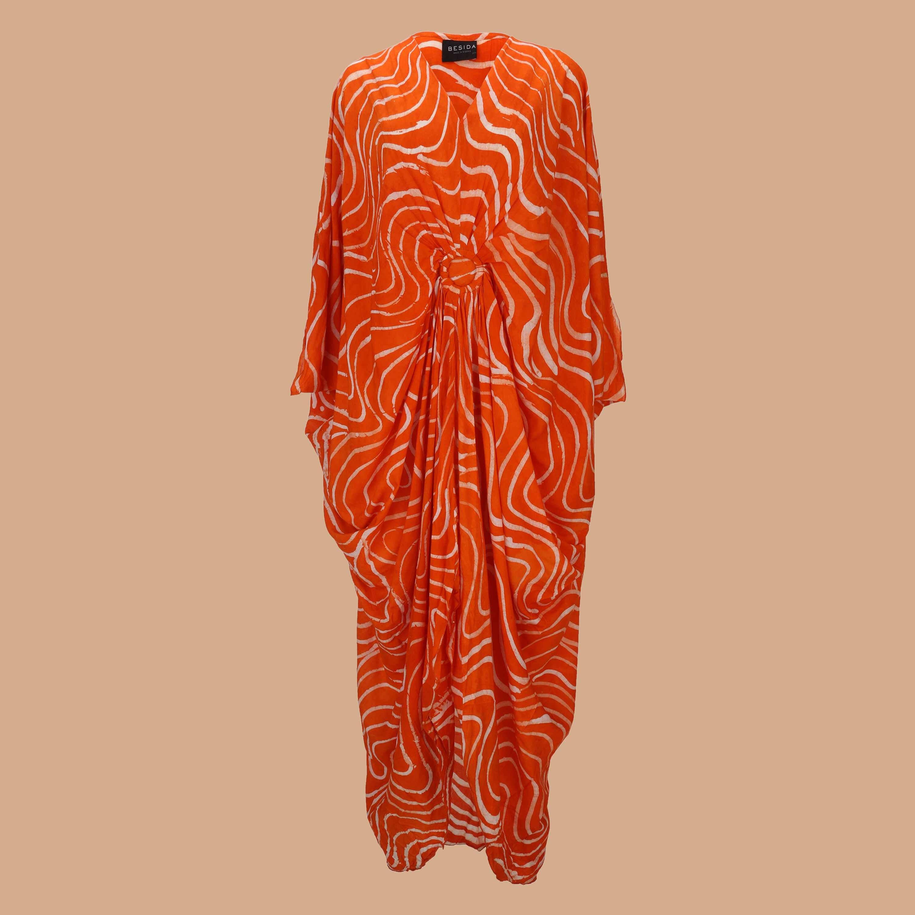 Besida – Kaftan - Mulher por atacado – Vestido Kaftan com estampa africana Tingido à Mão Ala Laranja3