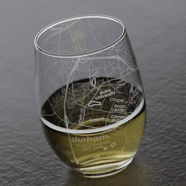 Well Told - Wholesale Wine Glass - Durham NC - Duke Uni College Town Map Stemless Wine Glass