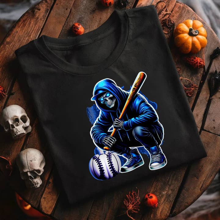 Camiseta gráfica de Halloween con jugador de béisbol esqueleto azul para venta al por mayor de Lasting Impressions CT