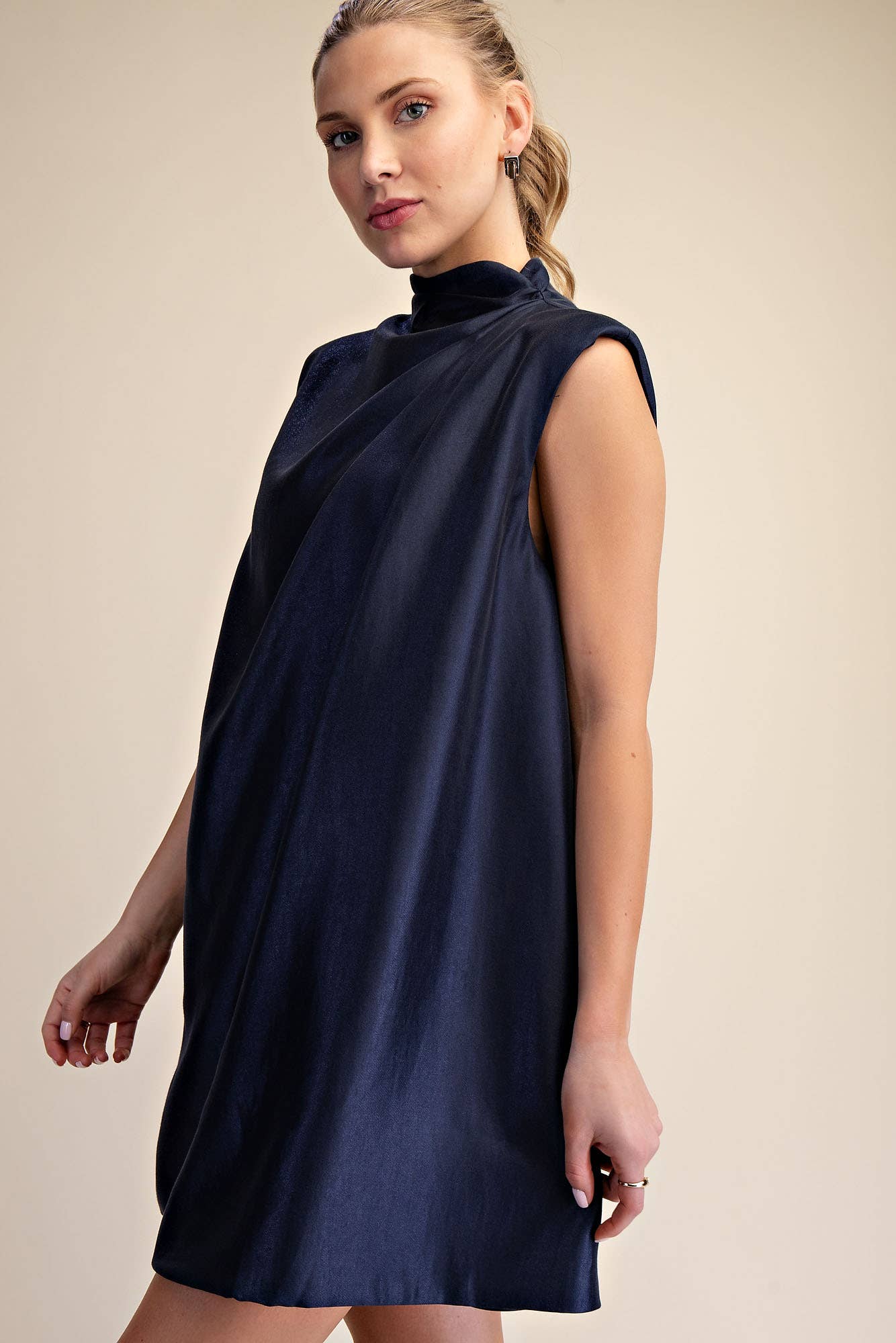 Glam - Wholesale Dress - Women's - Sleeveless Shoulder Pad Gathered Detail Mini Dress3