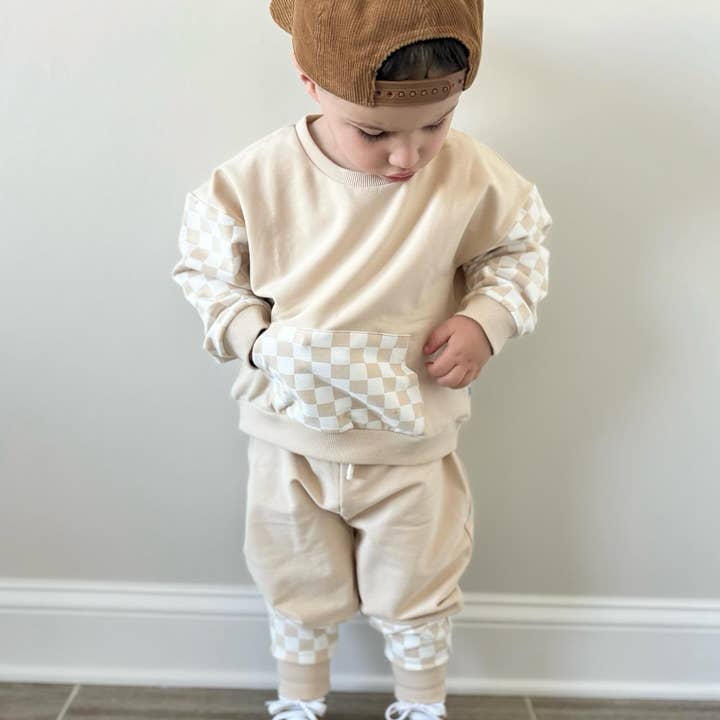 Conjunto de sudadera y pantalón de algodón orgánico a cuadros para venta al por mayor de Little Kins Company