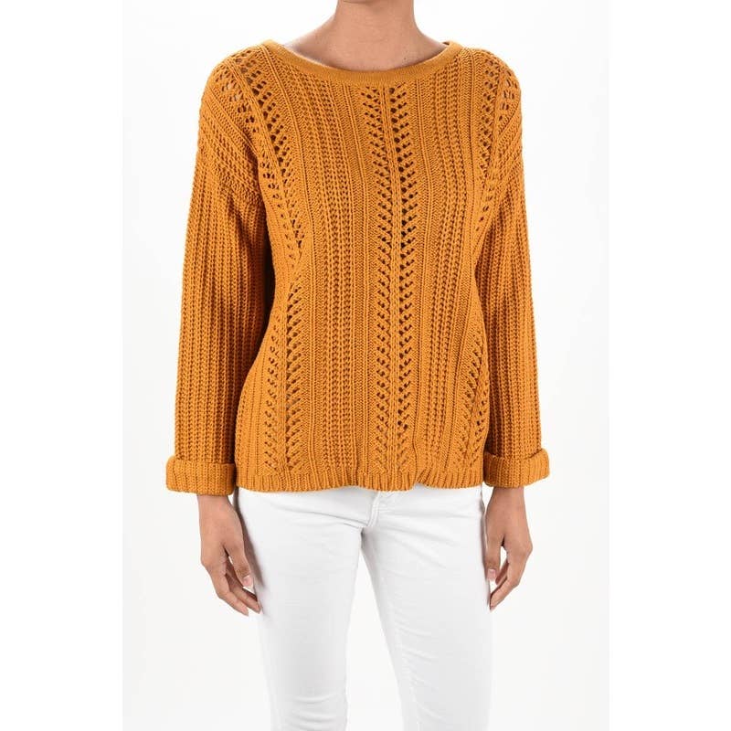 Mak - Wholesale Knit Sweater - Women's - Leaf Crochet Detailed Rolled Up Sleeve Sweater HB20520