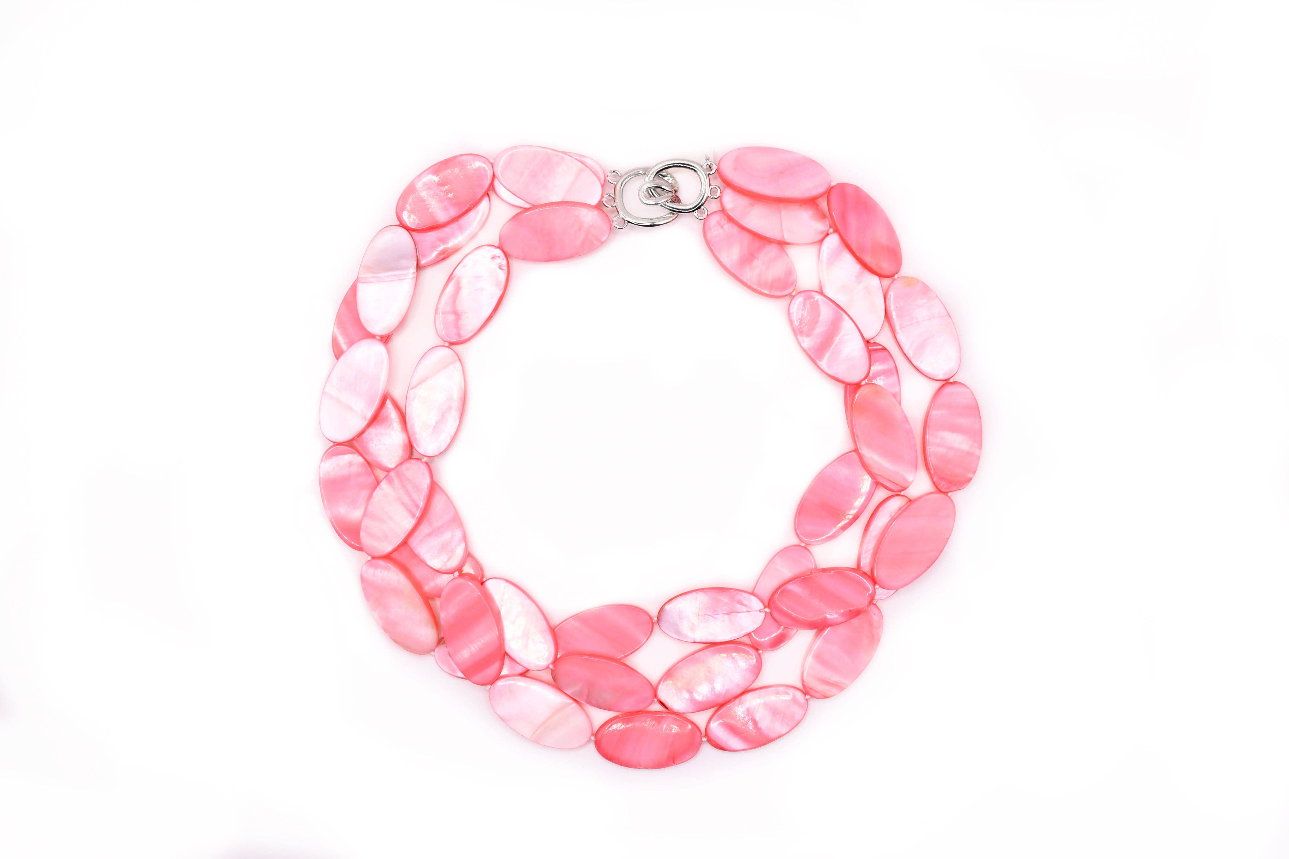 Sea Lily - Wholesale Beaded/Pearl Necklace - 3 Strand Oval Mother Of Pearl Pink Beaded Necklace