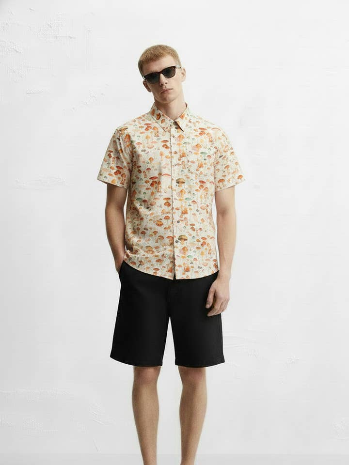 Chemise homme en coton à manches courtes imprimée et tissée pour la vente par Hawk's Bay