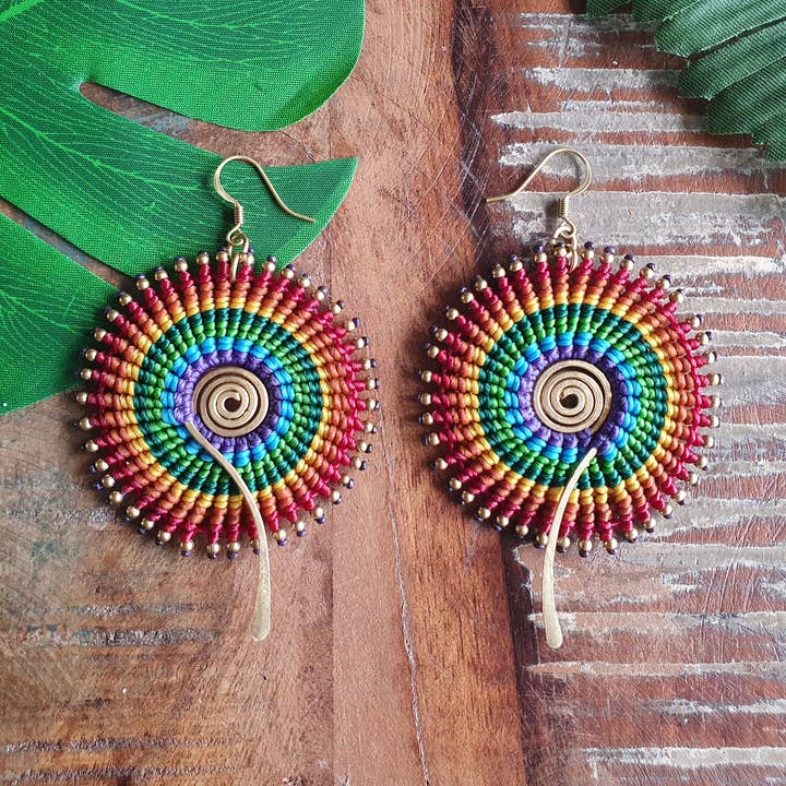 Full moon rainbow boho macrame earrings for wholesale by Jasper Rocks